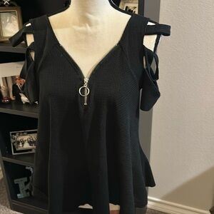 Black, zipper front, slit sleeves top